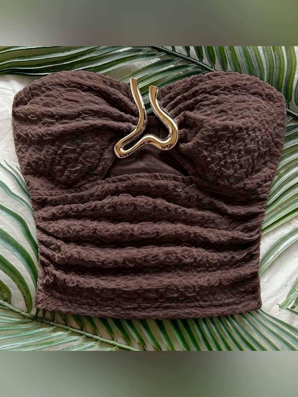 Strapless Knitted Crop Top with Gold Accent – Chocolate Brown